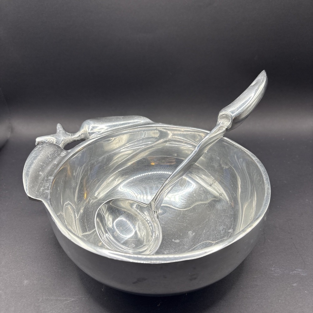 Complete 2-Pc Vintage Mundo de Pewter Pomegranate Salsa Dip Bowl & Ladle Set
